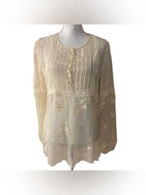 Johnny Was 4 Love And Liberty Silk Embroidered Blouse Button LS Sheer Sz Small